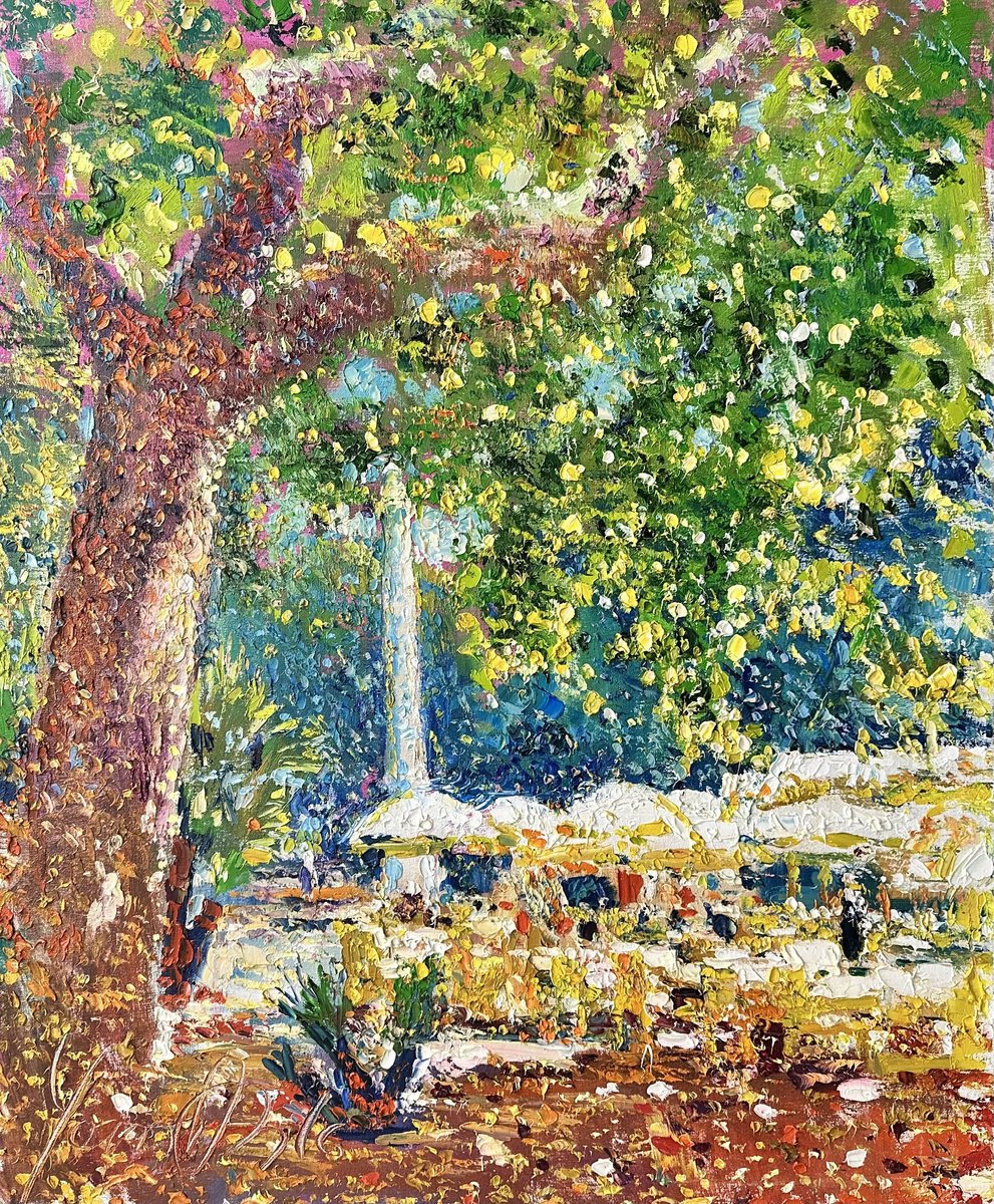 Impressionistic Cityscapes Oil Painting By Andrii Chebotaru, 28 X 33, In The Shade Antibes French Riviera., Original Artwork