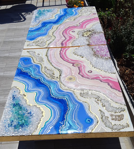 Pink Blue Agate XXL 80 x 200 cm. Diptych Geode Art, wall art, Resin art, Resin painting, Modern art