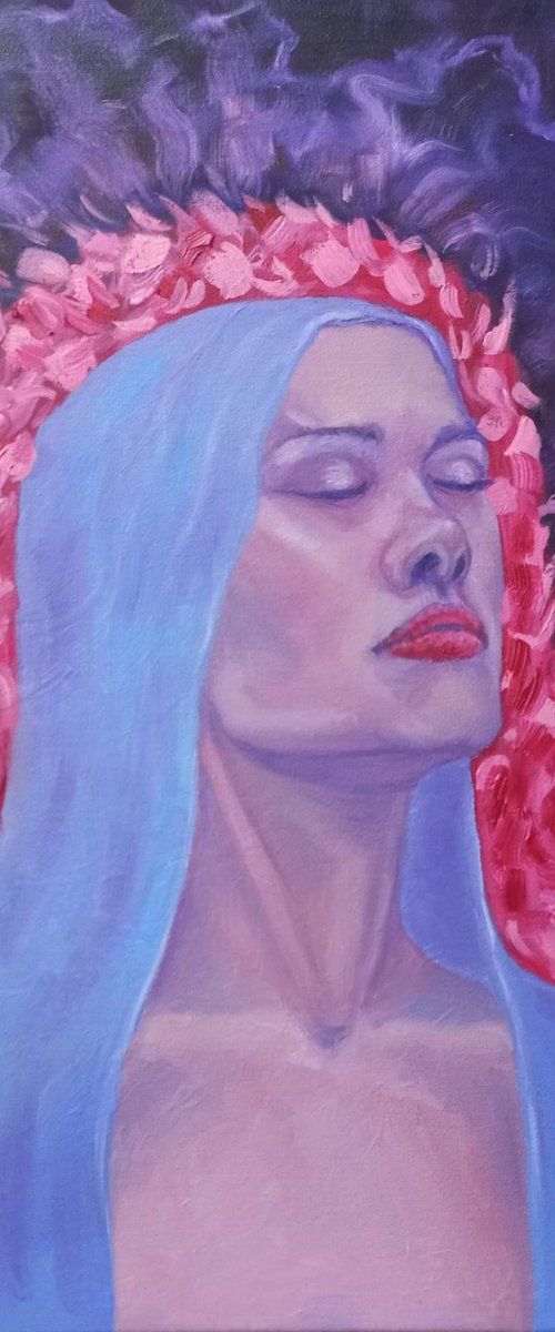 Peace and tranquility. Oil on canvas. Woman oil portrait. 19.7x15.7x0.6 in/  50x40x1.5 cm by Tatiana Myreeva