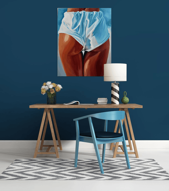 FRESH AND CLEAN - original painting sea swimming erotic art white blue shorts legs erotic art nude sexy pop art office interior home decore