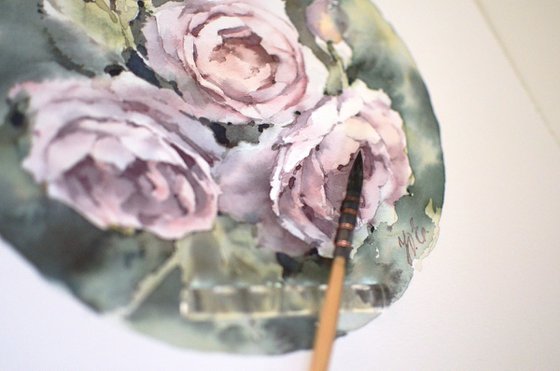 Watercolor roses in a circle, Light purple flowers and green leaves