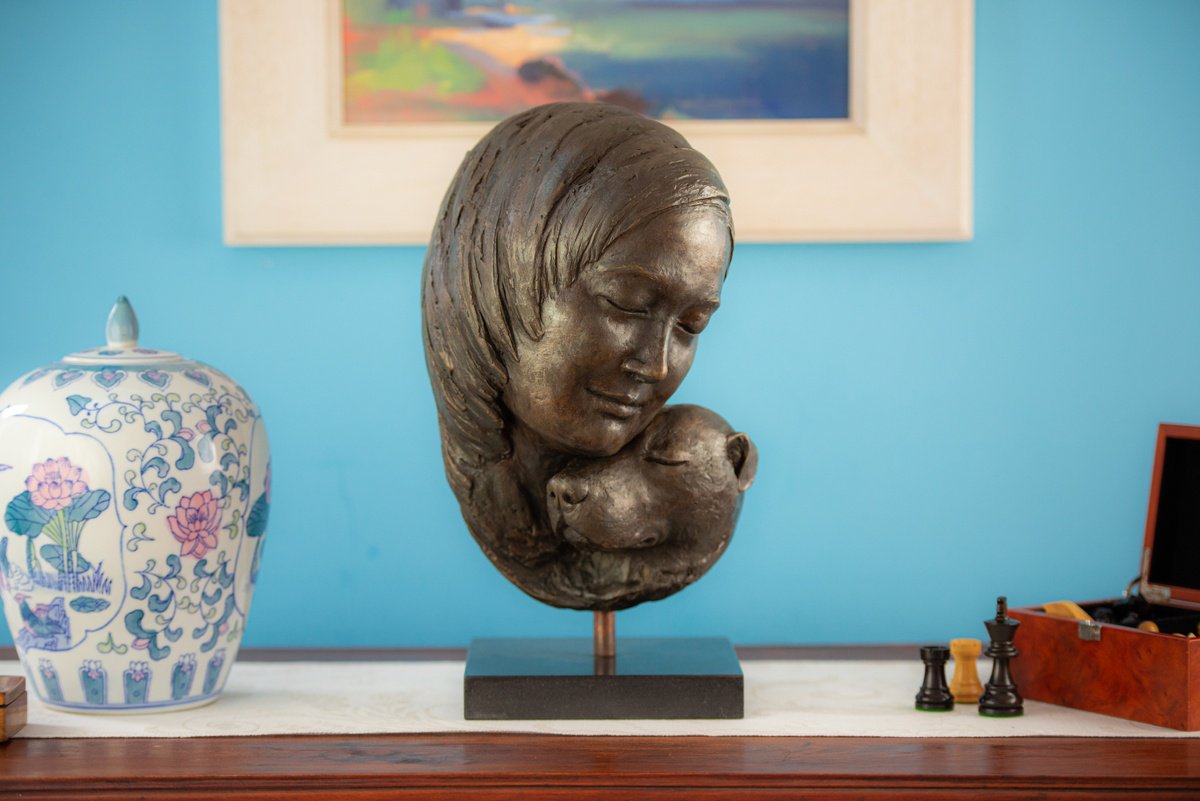 Animal Bronze Sculpture By Tanya Russell, 9 X 14", Portrait Of Dog And Woman Br, Original Artwork