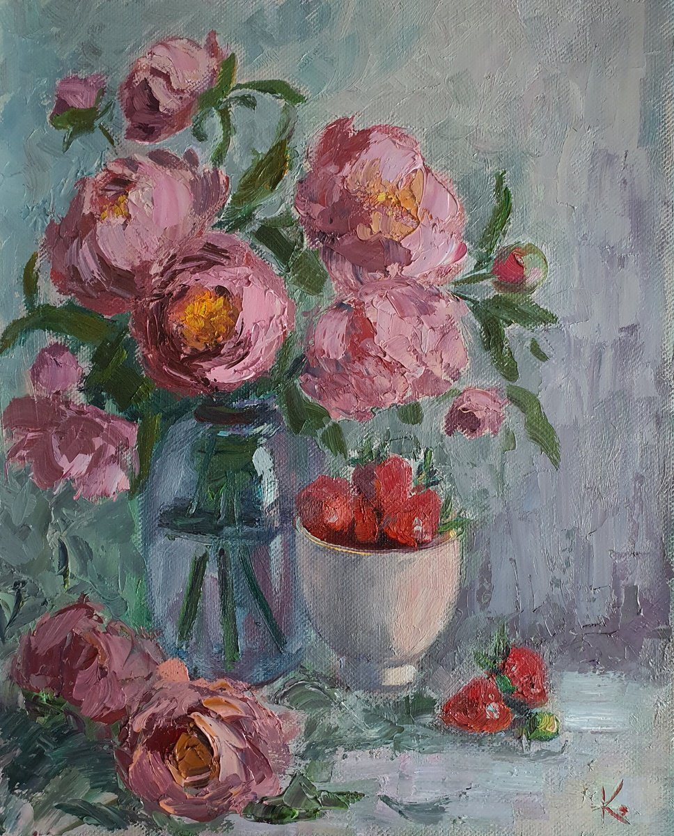 Impressionistic Still Life Oil Painting By Olena Kolotova, 16 X 20", "Peonies With Strawberries", Original Artwork