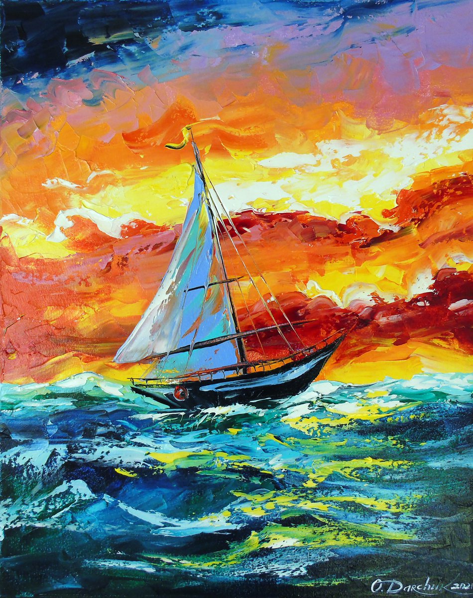 Sailboat and storm at sea by Olha Darchuk