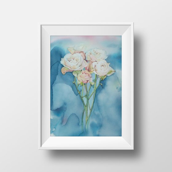 Watercolor roses on blue-green background