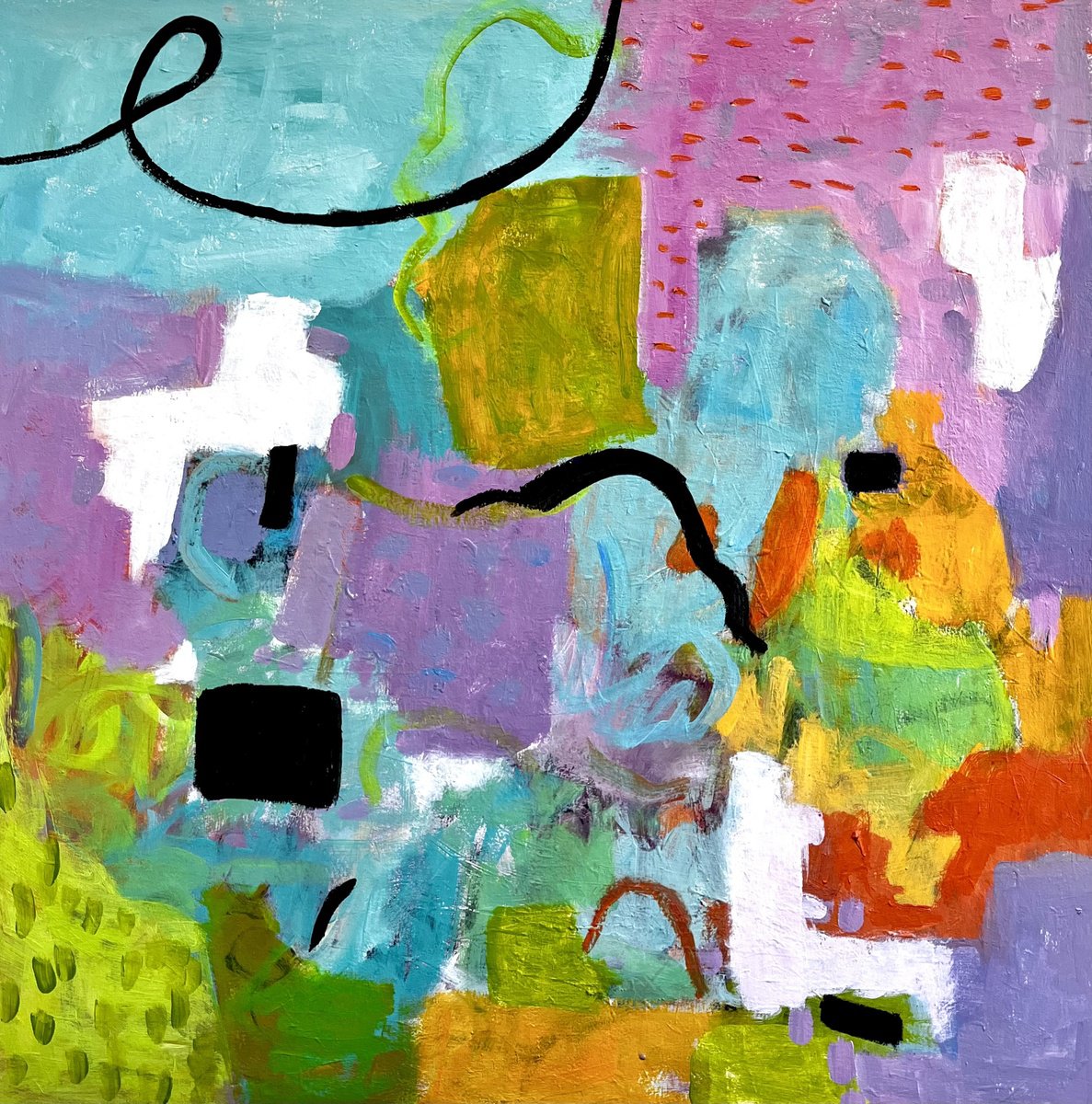 Organic Abstract Acrylic Painting By Marilyn Fox, 30 X 30", Blue Sky And Sugar Peas, Original Artwork