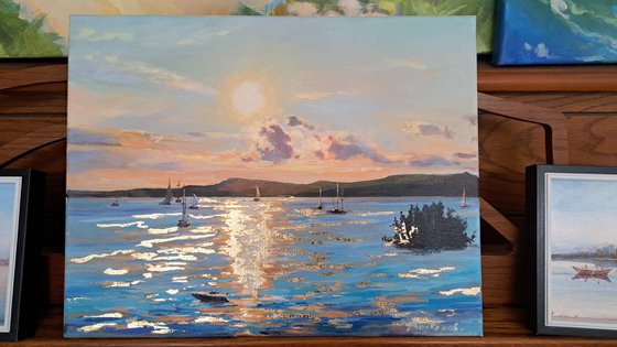 "Golden light over the ocean bay", original, acrylic and golden leaf on canvas impressionistic seascape