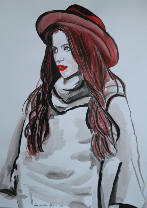 Girl with  red hat / 42 X 29.7 cm by Alexandra Djokic