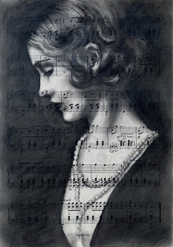 Woman's Portrait on Vintage Sheet Music