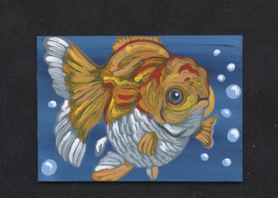 ACEO ATC Original Miniature Painting Oranda Goldfish Pet Art-Carla Smale