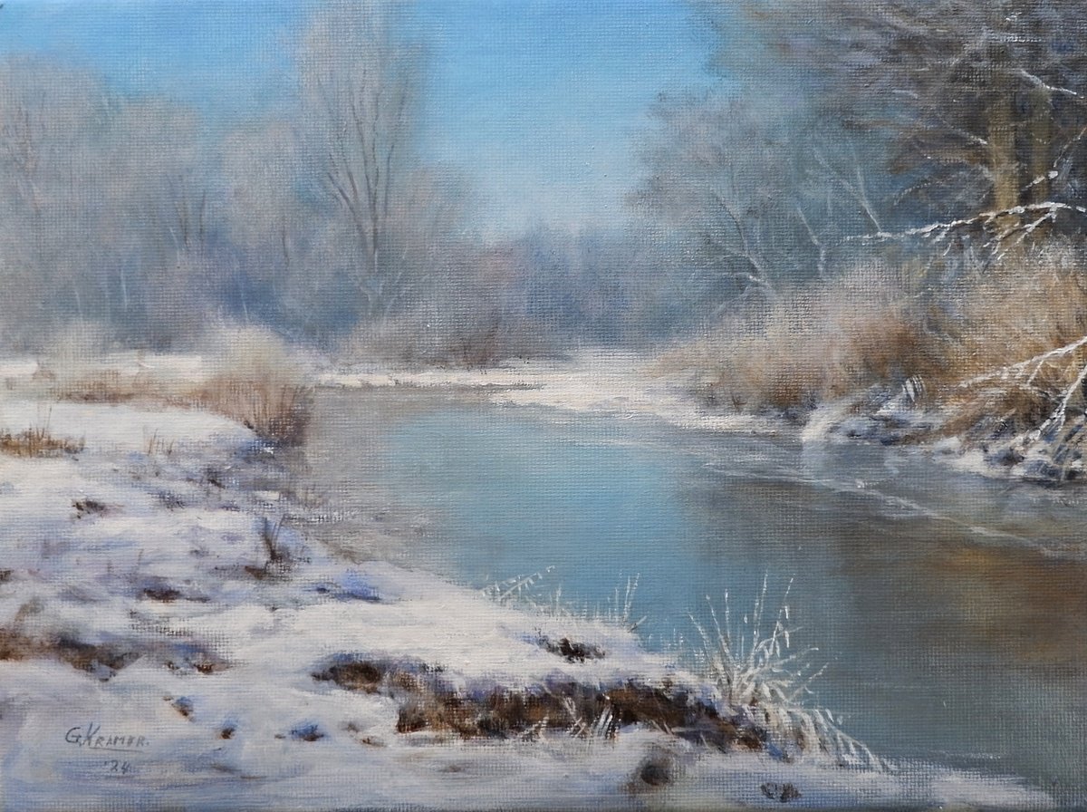 Impressionistic Landscape Acrylic Painting By Gerard Kramer, 16 X 12, A Sunny Winterday, Original Artwork