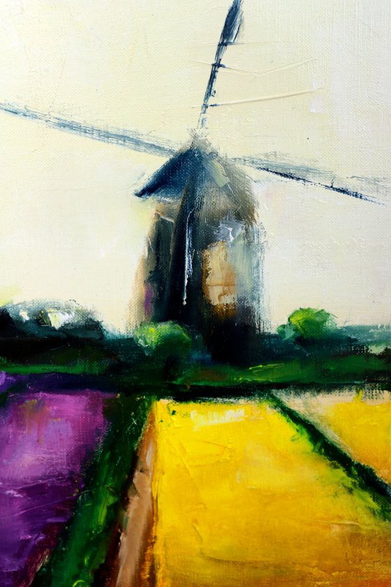 Tulip fields Landscape painting on canvas Holland windmill
