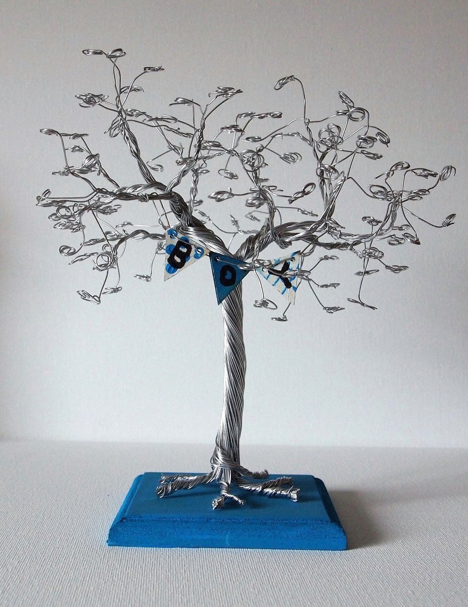 Silver Wire Tree Sculpture with new baby BOY bunting. by Steph Morgan