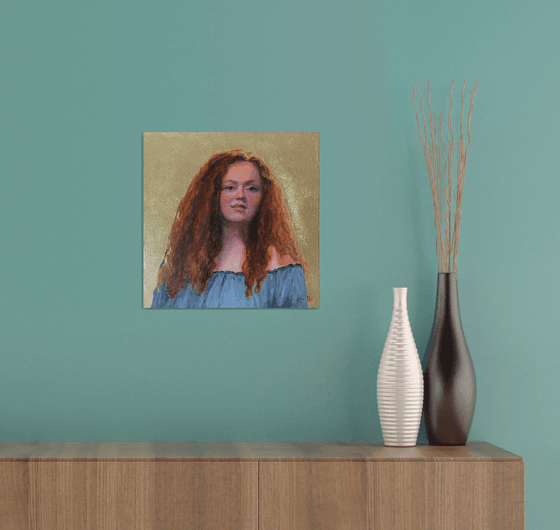 Classical Redhead Portrait with Gold-leaf : Contemporary Oil Painting.