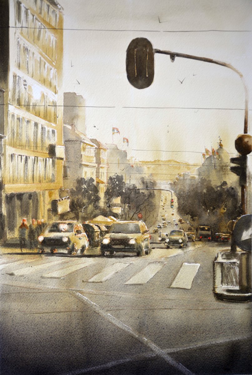 Sunset at Kneza Milosa Beograd 35x54cm 2024 by Nenad Kojic watercolorist