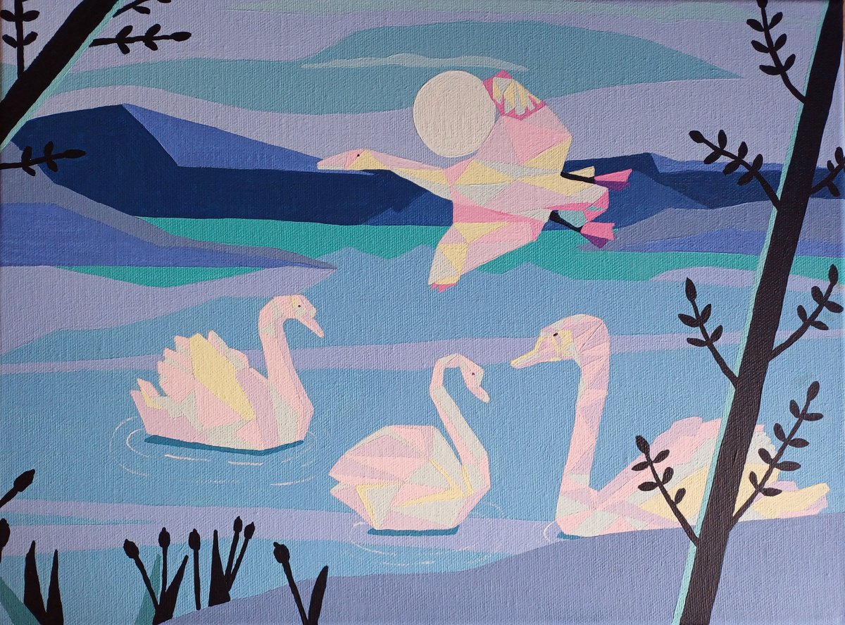 Geometric Animal Acrylic Painting By Corinne Hamer, 16 X 12, Swans, Original Artwork