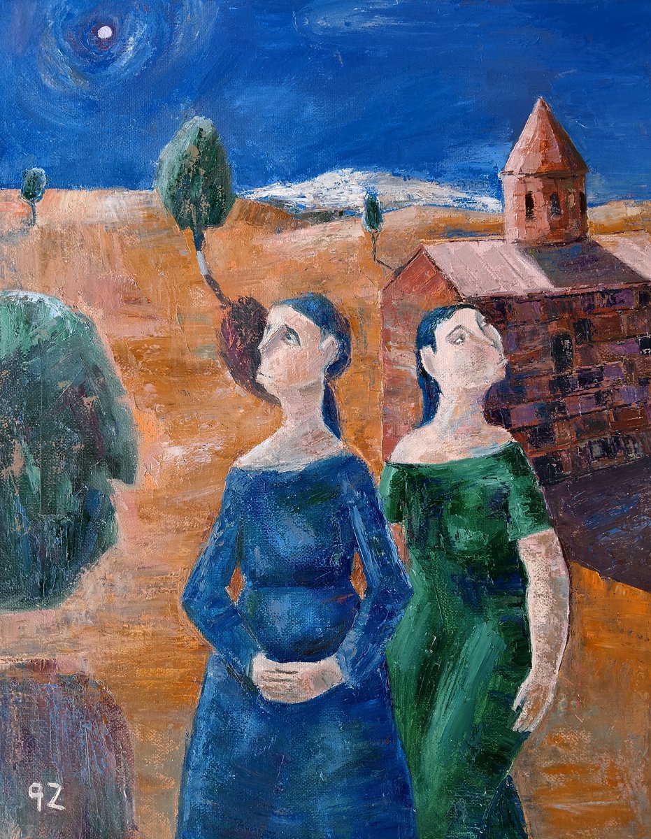 Expressive Portrait Oil Painting By Gegham Hunanyan, 16 X 20, Under The Evening Star, Original Artwork