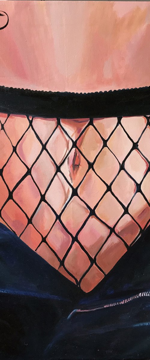 CAGE - painting on canvas woman body nude tights blue jeans freedom infinity home interior office art feminism erotic art by Sasha Robinson