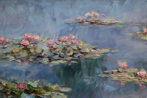 "Reflection of pink lilies"