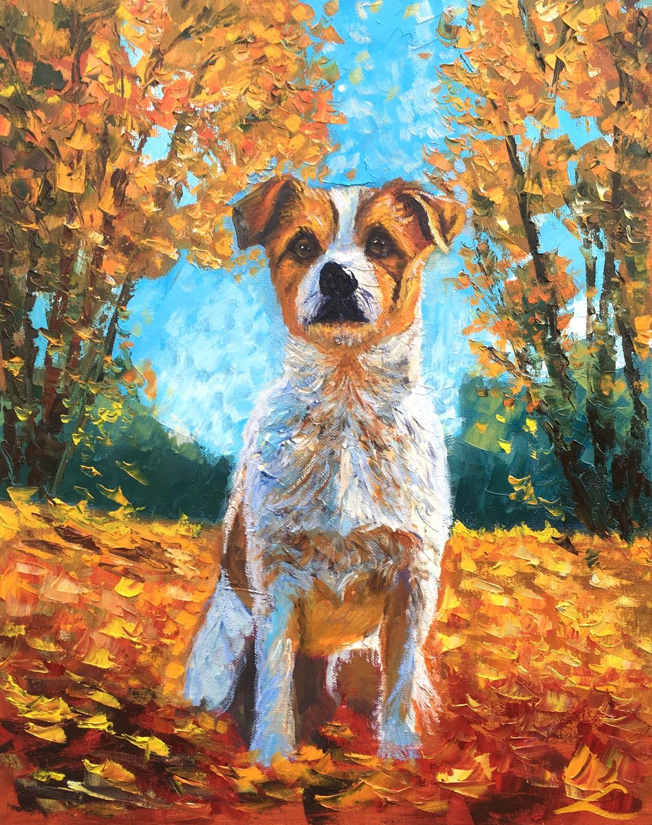 Impressionistic Animal Oil Painting By Elena Sokolova, 16 X 20, Dog In An Autumn Landscape 2, Original Artwork