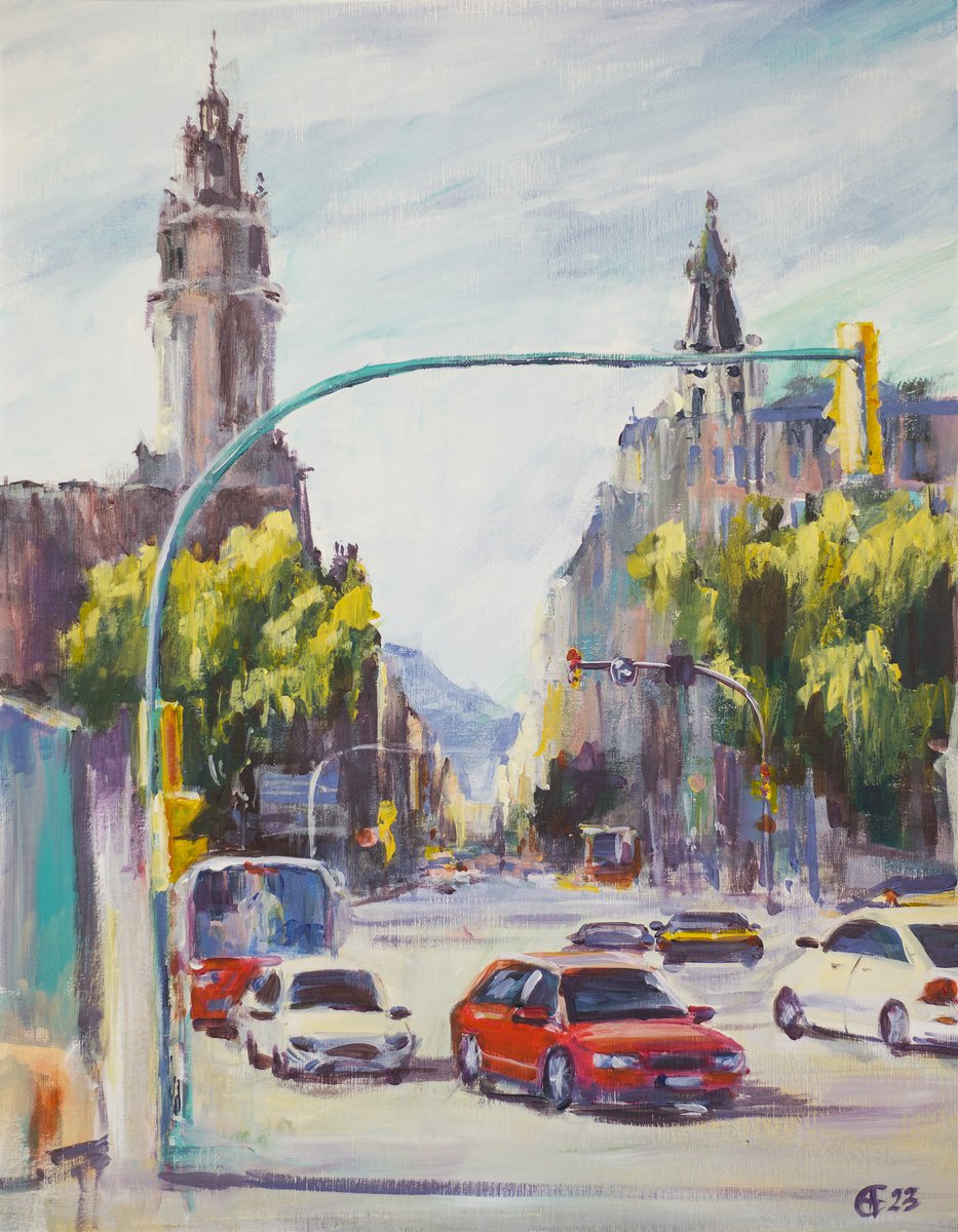 Trafic in Barcelona. Original acrylic painting from Spain, medium size, shadow and light i... by Sasha Romm