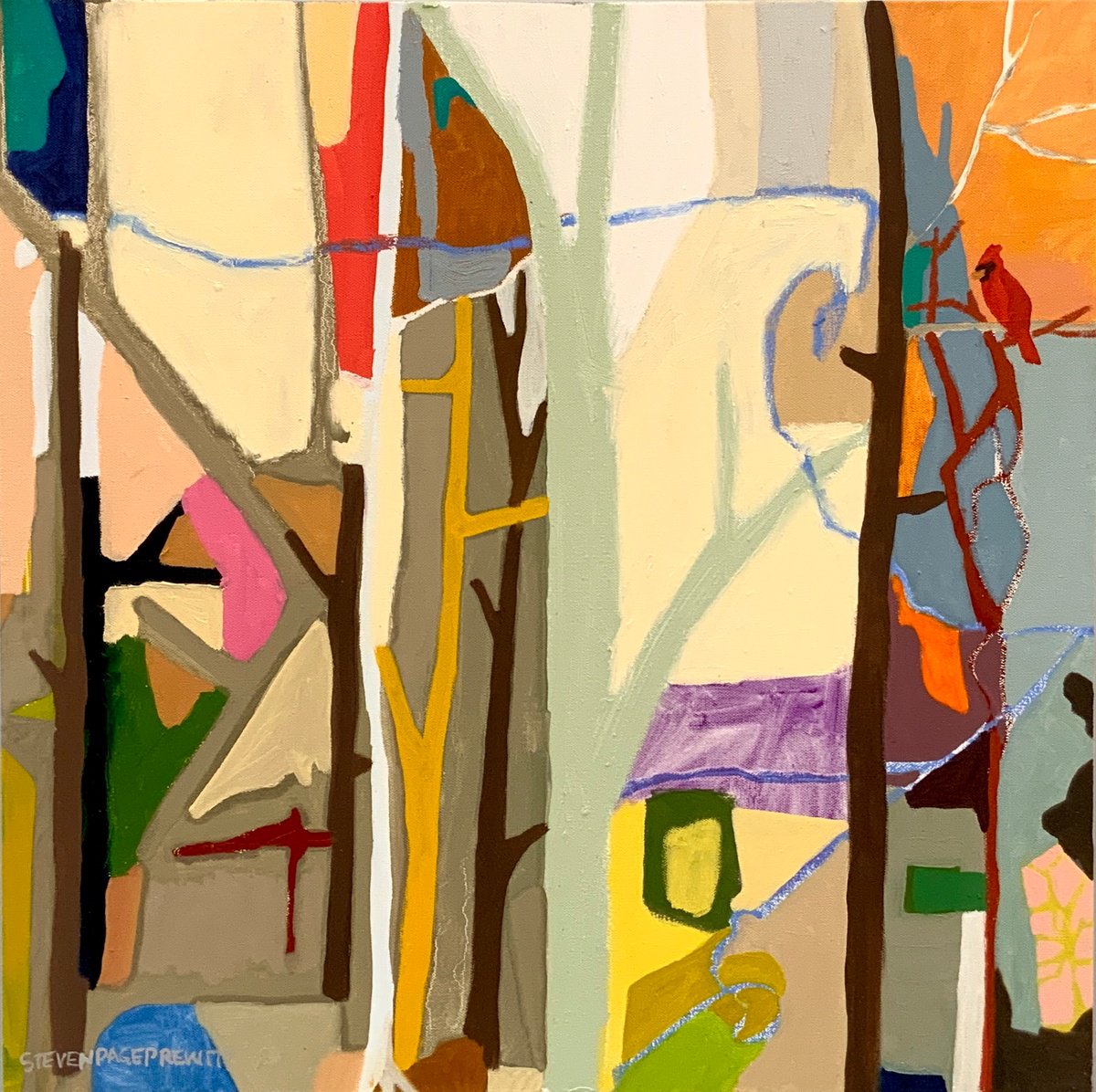 Impressionistic Abstract Oil Painting By Steven Page Prewitt, 24 X 24", Mr Cardinal On A Sunny Day, Original Artwork