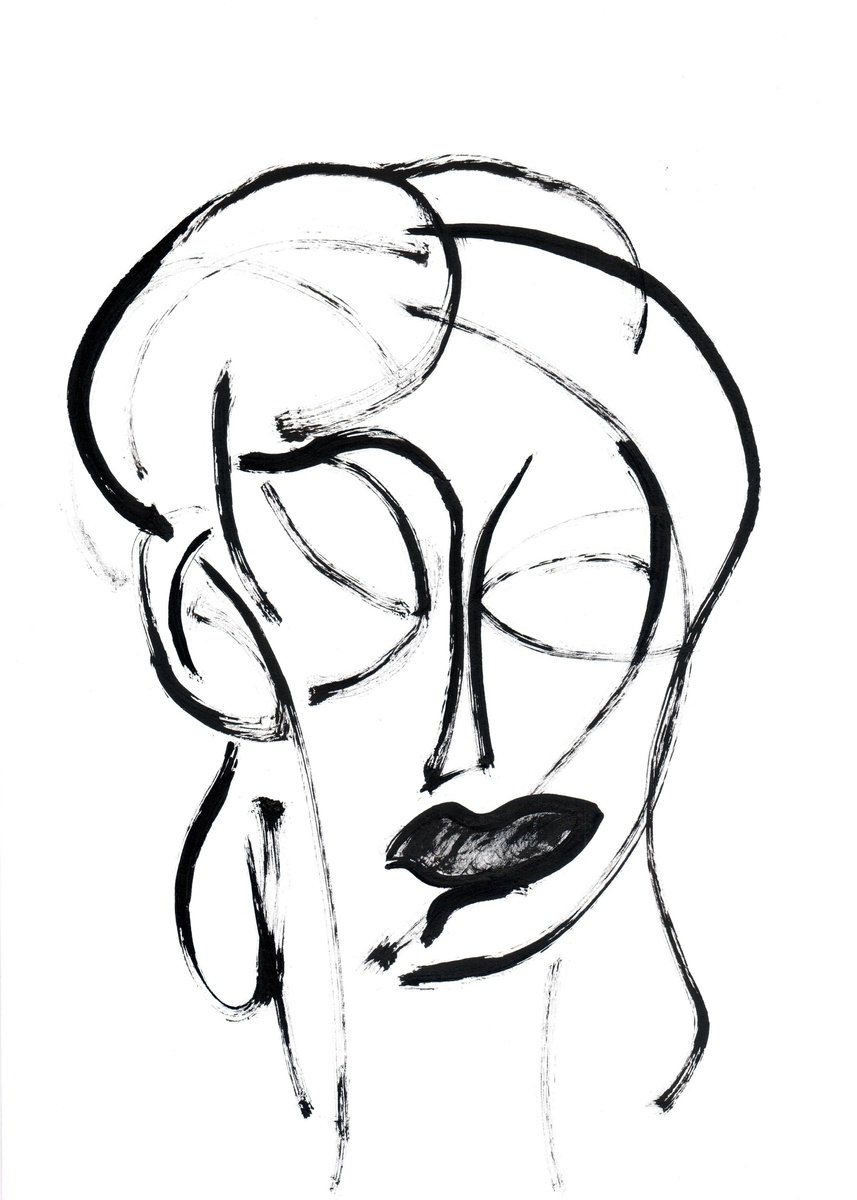 Expressive Portrait Ink Drawing By Zakhar Shevchuk, 8 X 11", Ink Album (Red Lipstick), Original Artwork