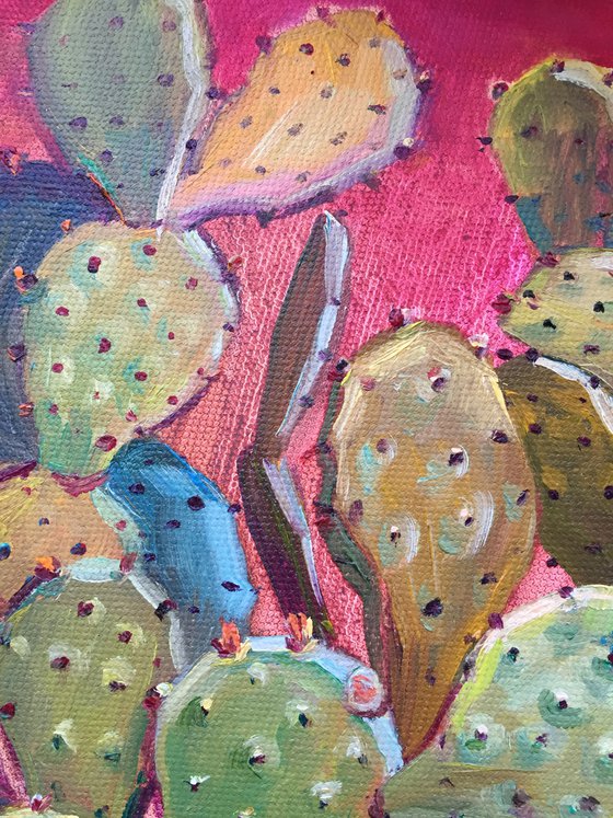 Opuntia cactus. Round bright painting.