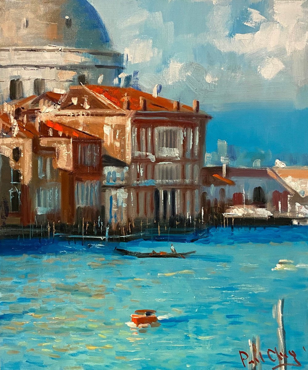 Impressionistic Cityscapes Oil Painting By Paul Cheng, 20 X 24", Venice Blue And Red, Original Artwork