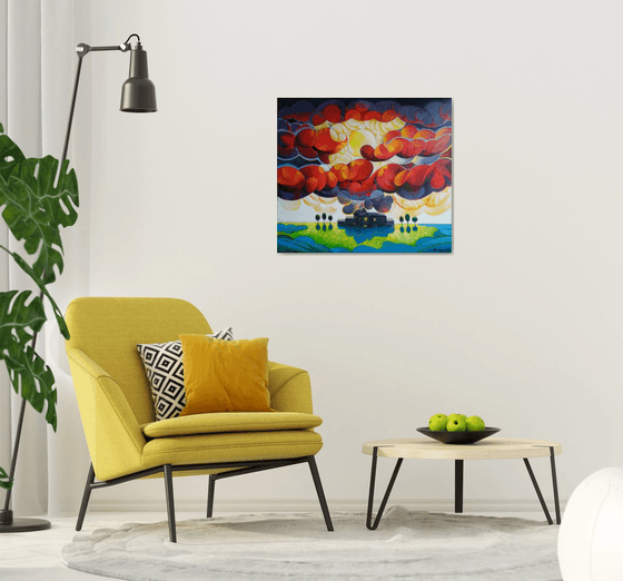 Sunset (80x90cm, cubism, oil painting, ready to hang)