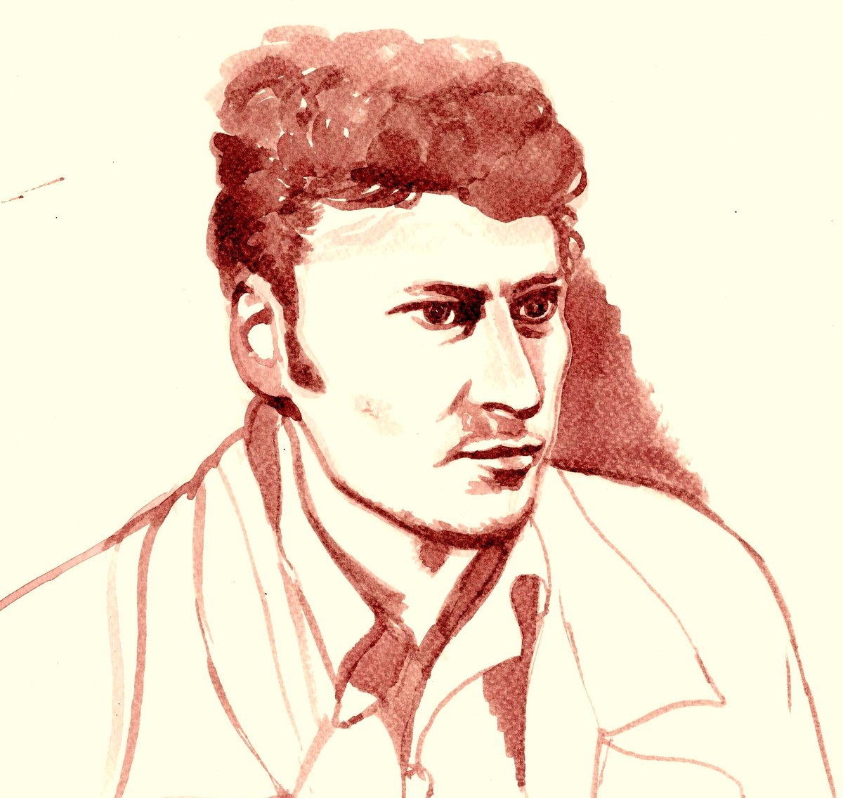 Impressionistic Portrait Ink Drawing By Nives Palmic, 9 X 9", Lucian Freud, Original Artwork