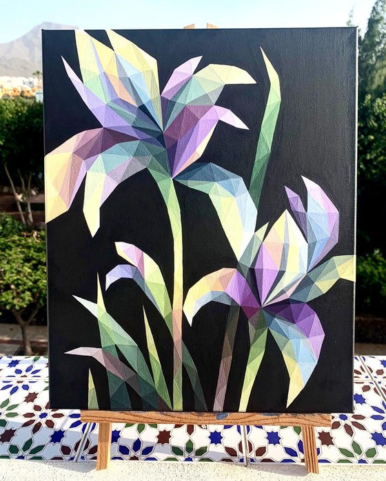 LILAC IRISES ON BLACK