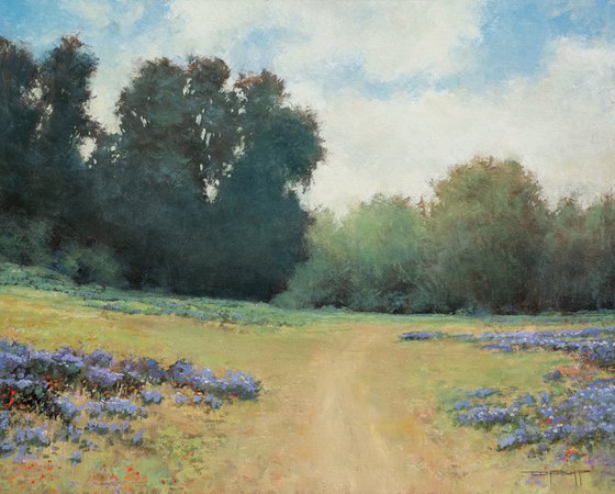 Summer Wildflowers 220808, trees and country road impressionist landscape painting