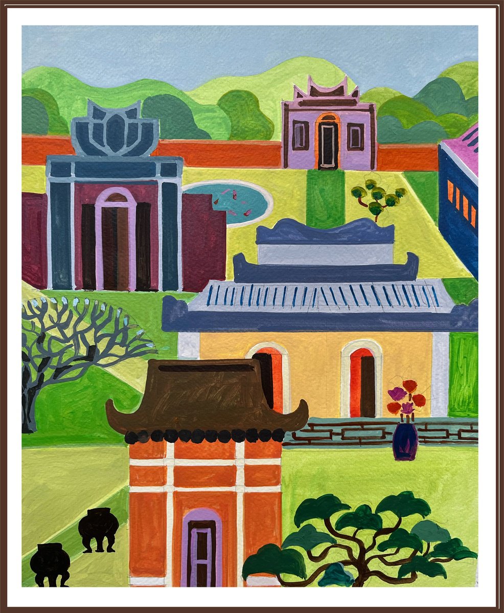 Urban And Pop Cityscapes Acrylic Painting By Andre Baldet, 13 X 15, Vietnam_Hue-03, Original Artwork