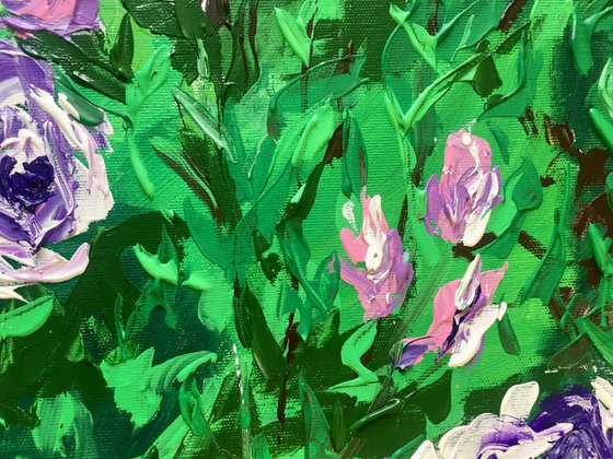 FIELD OF PURPLE PINK WHITE  ROSES  palette knife modern decor MEADOW OF FlOWERS, LANDSCAPE,  office home decor gift