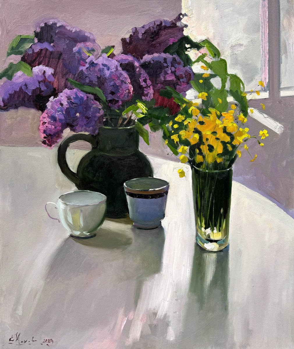 Impressionistic Still Life Oil Painting By Evgeniia Mekhova, 20 X 24, Sill Life With Lilac And Yellow Wildflowers, Artfinder