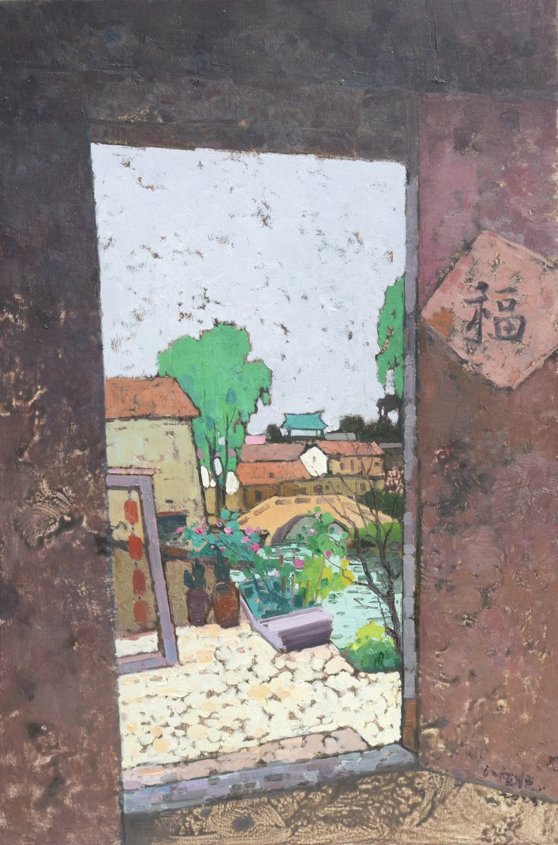 Impressionistic Landscape Oil Painting By Jianzhe Chon, 24 X 35, Landscape Oil Painting:village 124, Original Artwork