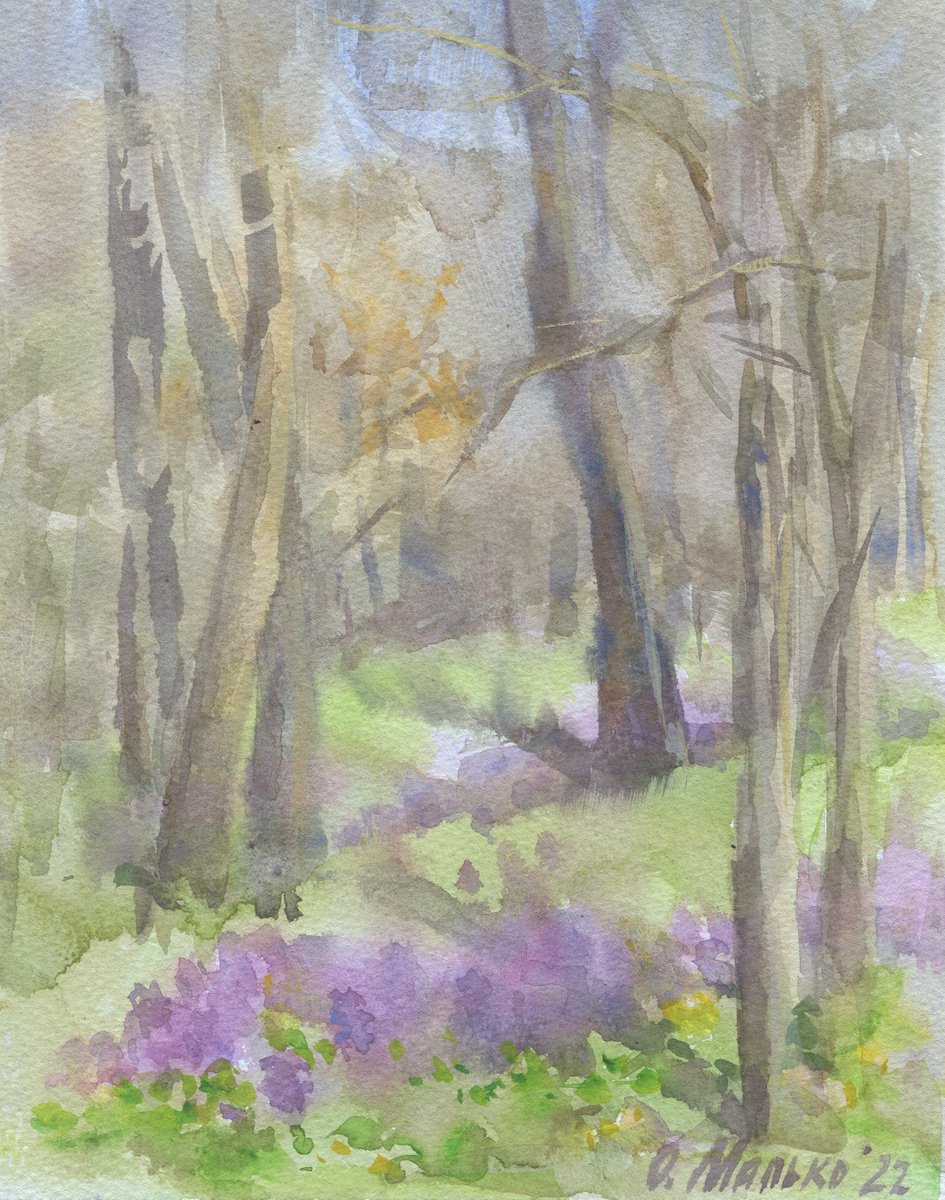 Forest sketch. Lilac wild flowers / Original watercolor picture Spring season tree Landsca... by Olha Malko