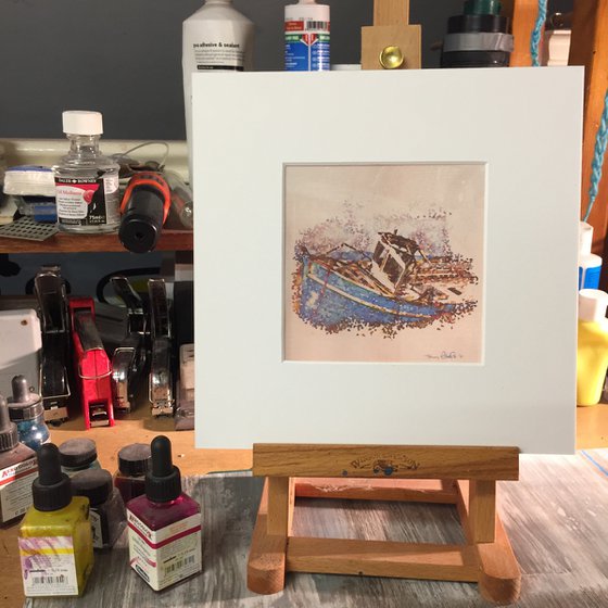 Miniature watercolour on silk - 'Blue Boat'