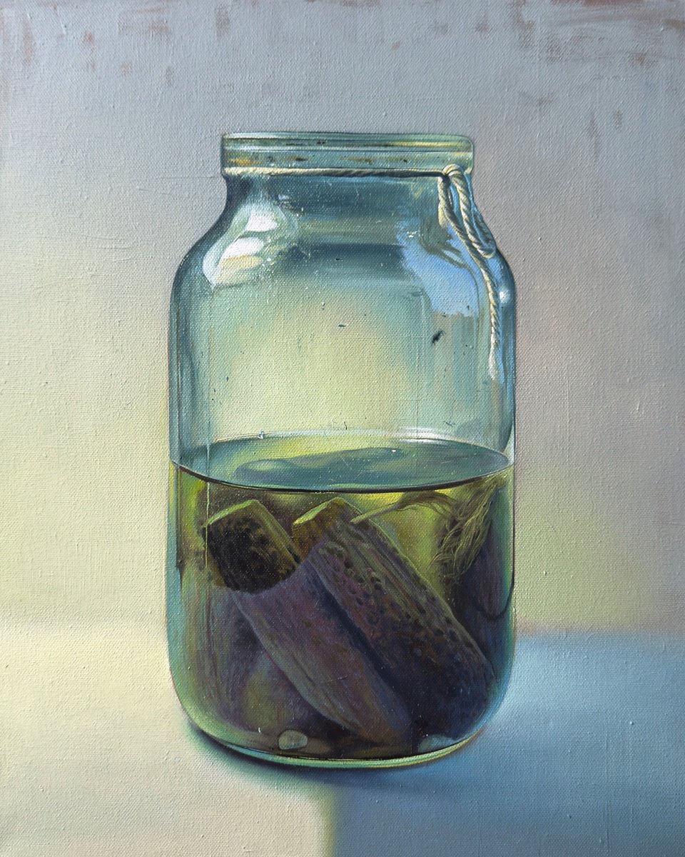 Photorealistic Still Life Oil Painting By Anastasia Parfilo, 16 X 20, Cucumbers From Grandma, Original Artwork