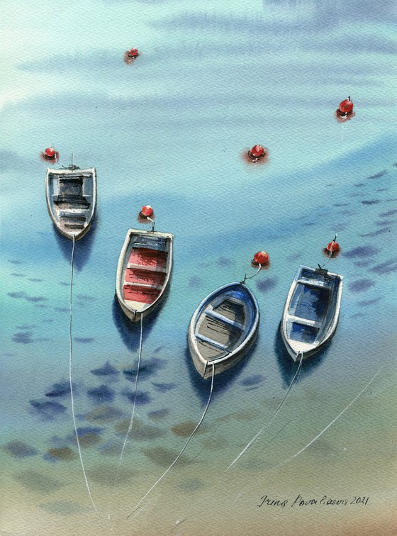 Sailing boats near the beach original watercolor painting with boats in top view, blue and turquoise wall art, above bed decor, sea lovers gift