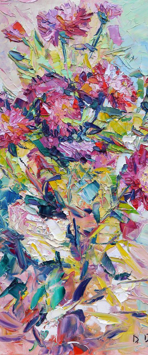 Violet chrysanthemums (palette knife) , original oil painting by Dima Braga