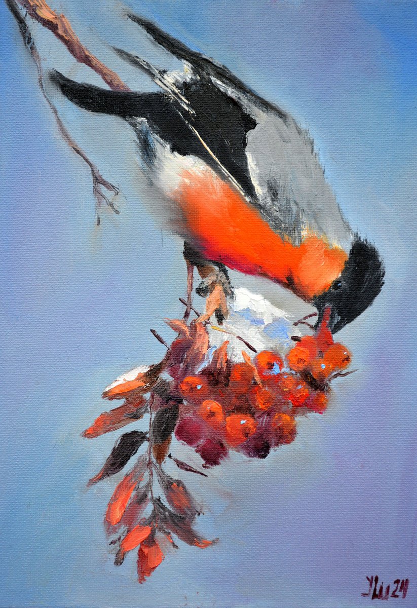 Expressive Animal Oil Painting By Elena Lukina, 8 X 12, Christmas Bullfinch Breakfast, Original Artwork