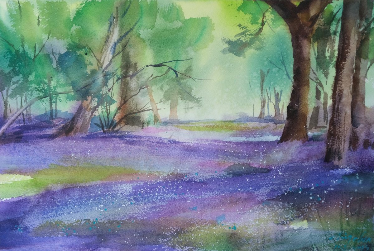 Impressionistic Landscape Watercolour By Jing Chen, 15 X 11, Lavender Field, Original Artwork