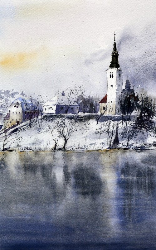 Bledsko jezero Bled Slovenija 53x35cm 2022 by Nenad Kojić watercolorist