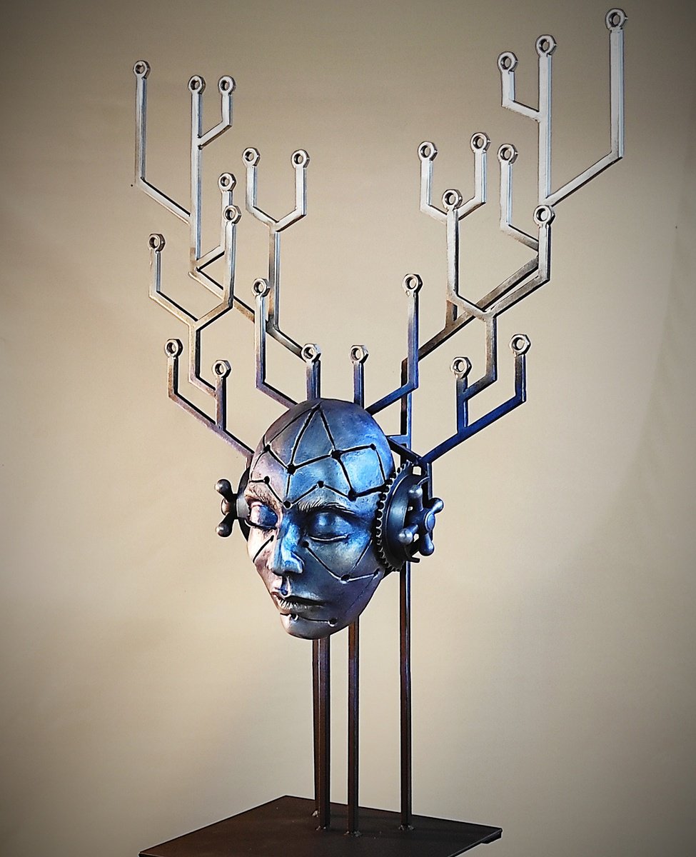 Surrealistic Portrait Sculpture By Elena Kraft, 21 X 30, Supernova-Superbrain, Original Artwork