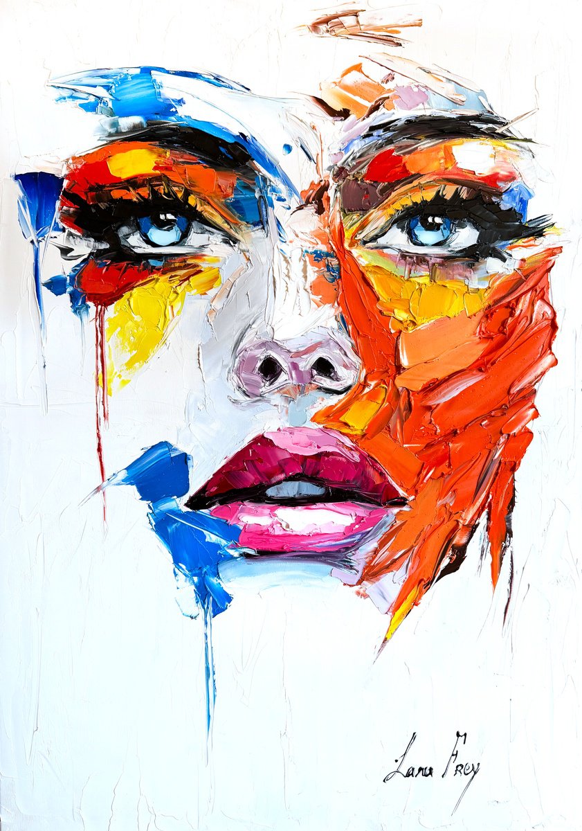 Expressive Portrait Oil Painting By Lana Frey, 28 X 39", Fires Within, Original Artwork