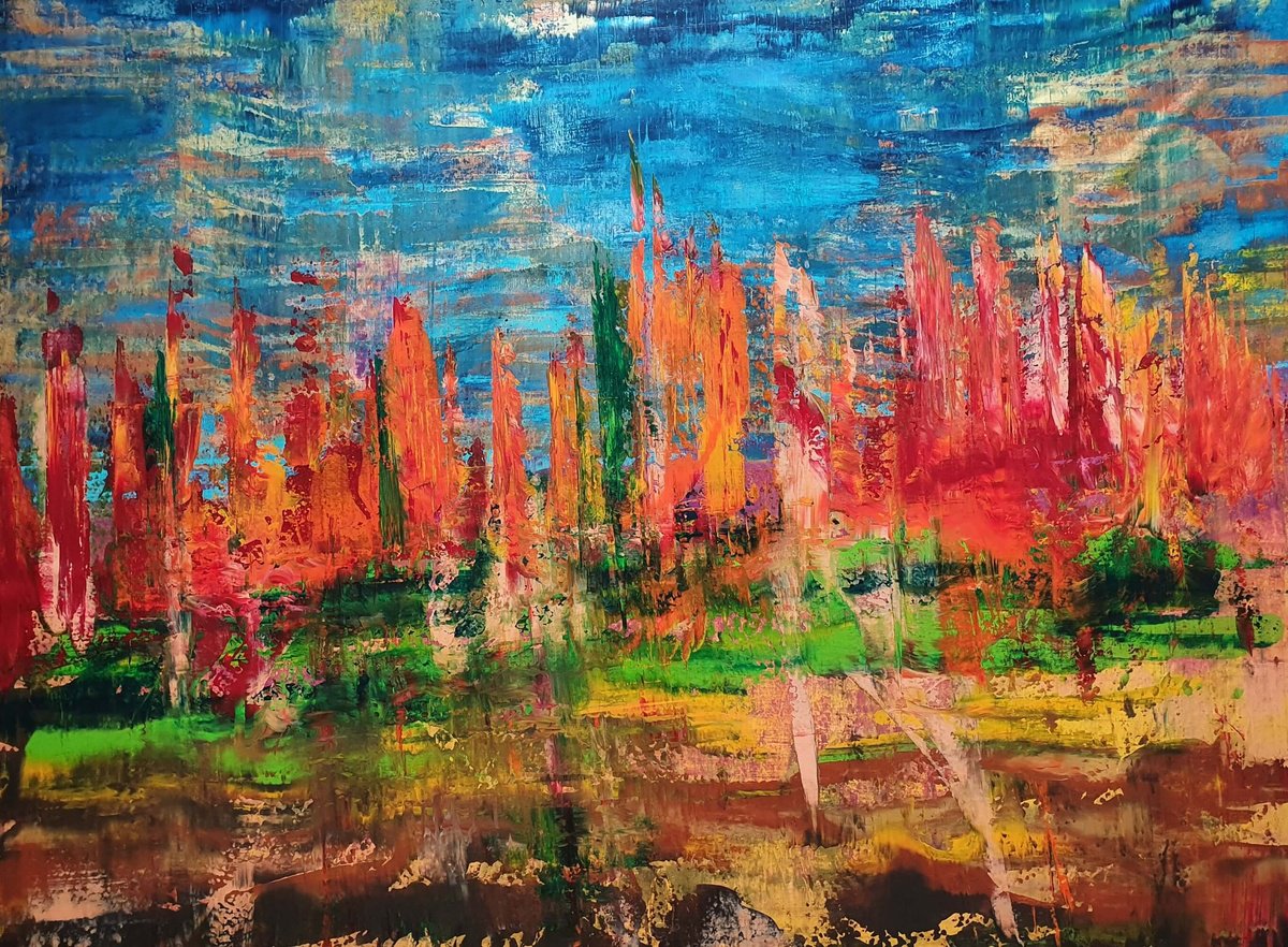 Abstract Landscape Acrylic Painting By Ivana Olbricht, 77 X 57, November Sunset, Original Artwork