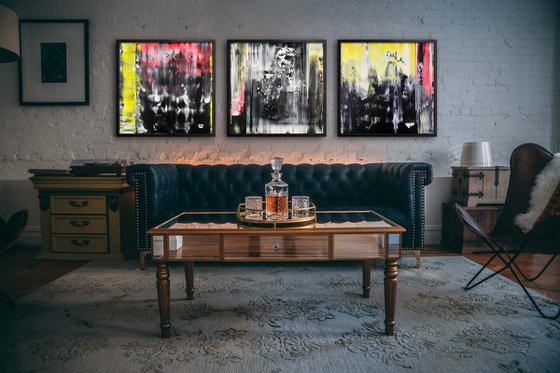 "You And What Army?" - Save As A Series - Original PMS Large Abstract Triptych Acrylic Paintings On Plexiglass, Framed - 78" x 26"