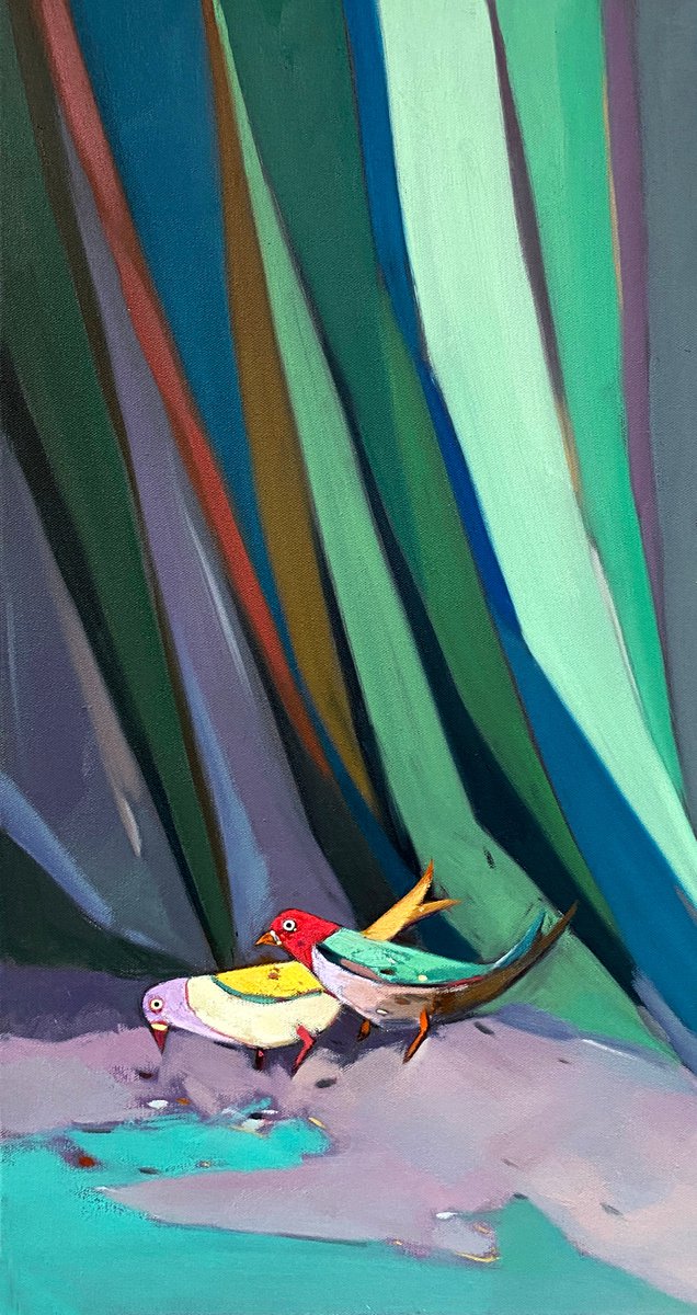 Photorealistic Animal Oil Painting By Kunlong Wang, 16 X 32", Two Birdies, Original Artwork